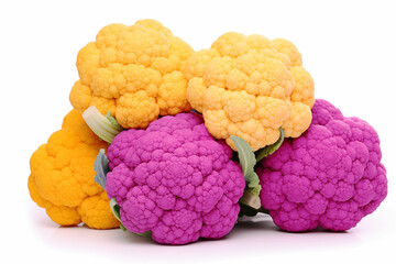  Cauliflowers in different colors on white background.
