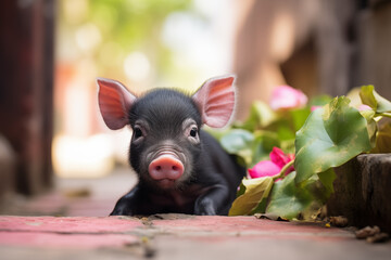 Young Vietnamese black pig lying in the yard surface on a sunny day.
