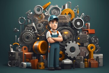 Cartoon mechanic with gears backdrop