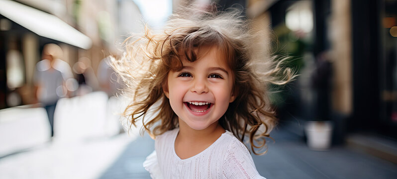 Smiling girl playing in a park in the sunlight 