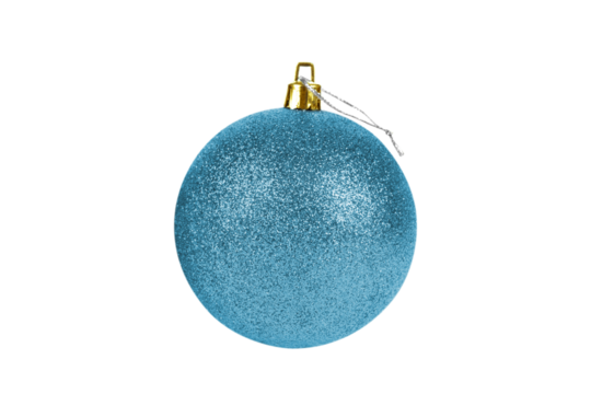 One blue glittered Christmas ball isolated on white, transparent background, PNG. Decorative toy, shiny ball covered with glitter. Decor for the Christmas tree and New Year holiday.