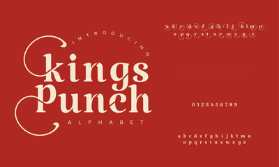 Kingspunch premium luxury elegant alphabet letters and numbers. Elegant wedding typography classic serif font decorative vintage retro. Creative vector illustration