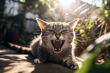 Portrait of an angry cat ready to attack. Cat on the street. Homeless animals.