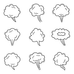 Smoke, boom bubble, steam doodle set. Comic speed cloud, explosion, blow wind, smoke puffs in sketch style. Hand drawn vector illustration isolated on white background