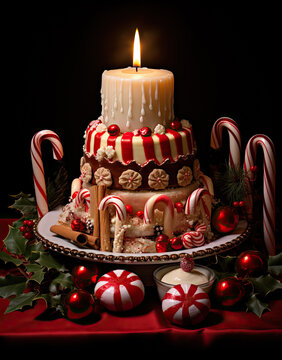 Elaborate Christmas candle cake with peppermints and candy canes 