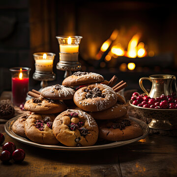 Platter of Christmas cookies with a warm scene with candles and fireplace setting