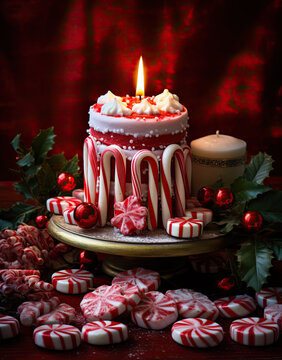 Elaborate Christmas candle cake with peppermints and candy canes 
