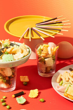 Vivid Japanese snack spread vertical closer zoom