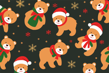 Vector christmas pattern with
cartoon bear in the red santa claus hat and snowflake
 on a black background. 2024 New Year's fashion
ornament for fabric, paper, textiles, notepad,
children clothing.