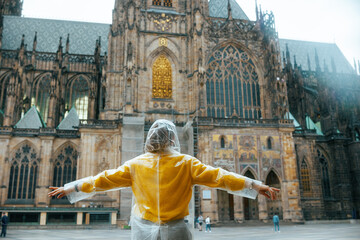 woman in Prague Czech Republic sightseeing and rejoicing