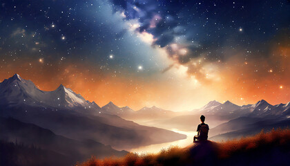 Person sitting on the hill watching sunset, river flows among mountains , magical dramatic sky