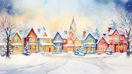 Fototapeta premium Watercolor Christmas village with colorful houses and snow covered street.