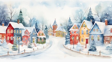 Watercolor Christmas village with colorful houses and snow covered street.