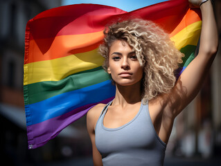 Strength in the Diversity of Women Flexing their Arm in the Street before the Waves of the LGTBI Flag