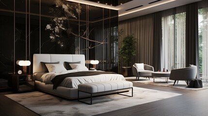 a deluxe, contemporary bedroom that exudes modern opulence.