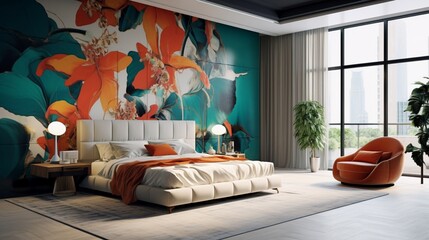 Capture the allure of upscale living with a striking, vibrant bedroom composition.