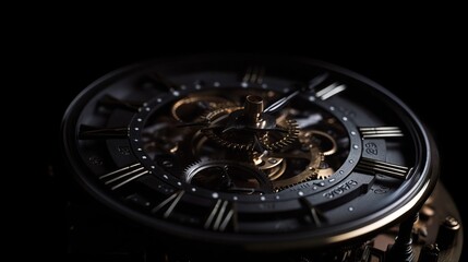 Mechanical clock inside, close up. Clock mechanism macro shot on black background. Concept of passing time.