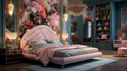 Craft a visual masterpiece of a stylish and luxurious bedroom in vibrant hues.