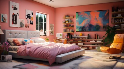 Craft a visual masterpiece of a modern, colorful bedroom filled with rich textures.