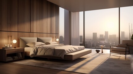Craft an image of a contemporary bedroom bathed in the gentle radiance of diffused sunlight, celebrating modern elegance.