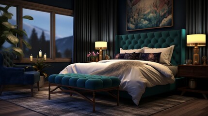 Create a captivating bedroom setting featuring rich, jewel-toned color schemes.