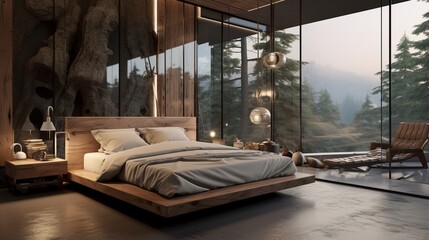 Create a mesmerizing bedroom, blending the warmth of wood with the coolness of glass and chrome.