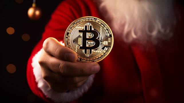 Bitcoin for Christmas. Santa Claus holding a Bitcoin, gives it to you. Bitcoin poster with copy space. Crypto bull run concept.