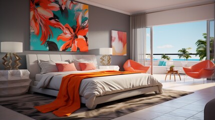 Design a luxurious, contemporary bedroom with a burst of bold, vibrant colors.