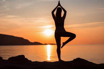 Silhouette of Woman in Yoga Pose, Seashore Sunset Background. Generative AI.