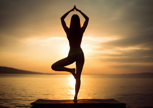 Woman's Silhouette Practicing Yoga Asana, Sunset by the Sea. Generative AI.