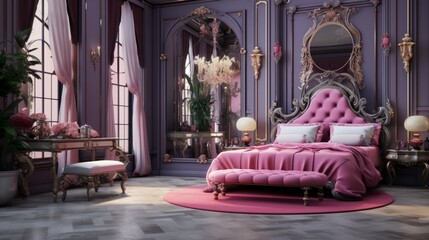 Render an opulent picture of a glamorous bedroom adorned with vibrant decor.