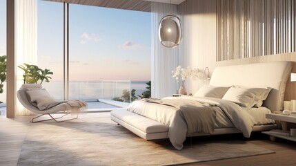 Sculpt a dreamy, waterfront bedroom retreat, featuring ethereal hues and glistening surfaces. - obrazy, fototapety, plakaty