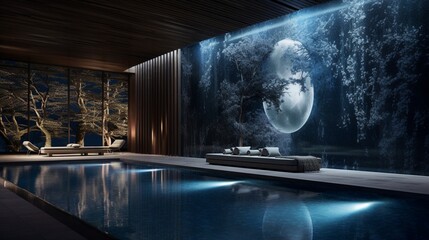 Sculpt a serene escape where indigo walls meet the shimmering silver of moonlit waters.