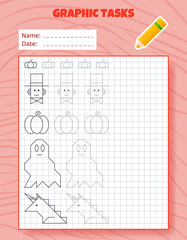 Drawing by cells. Educational game for preschool children. Worksheets for practicing logic and motor skills. Game for kids. Graphic tasks with different objects and elements. Vector illustration