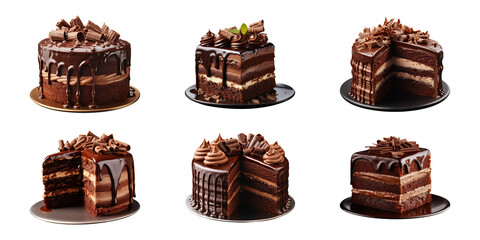 Obraz premium Collection set of sweet and tasty chocolate cake isolated on a transparent background, cut out