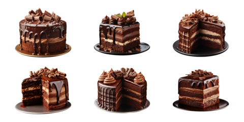Collection set of sweet and tasty chocolate cake isolated on a transparent background, cut out