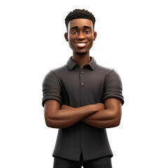 Smiling casual black young man standing with arms crossed. Happy 3D cartoon charachter. Isolated on transparent backgrouns - obrazy, fototapety, plakaty