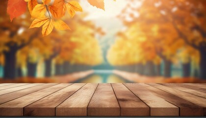 Naklejka na ściany i meble The empty wooden table top with blur background of autumn. Exuberant image. 