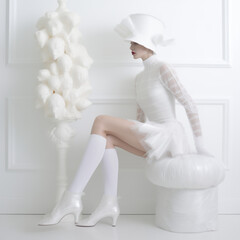 Photo de mode d'une femme habillée avec une robe blanche et des bas blancs, décor épuré, voile et nacre, - obrazy, fototapety, plakaty