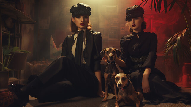 Femmes au style garçonne avec deux chiens dans un décor maximaliste