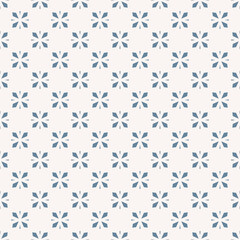 Seamless geometric pattern with minimalist floral design in blue and white color. Retro 1960s and 1970s inspired vector background, simple repeat texture. Modern ornament. Repeated design for decor