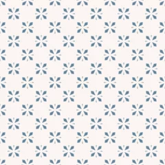Fotobehang Seamless geometric pattern with minimalist floral design in blue and white color. Retro 1960s and 1970s inspired vector background, simple repeat texture. Modern ornament. Repeated design for decor © Olgastocker