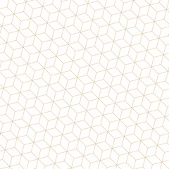 Naklejka premium Seamless golden pattern with subtle geometric hexagon grid, simple vector design. Abstract background with thin gold lines in diagonal lattice texture on white backdrop. Minimal repeat linear ornament