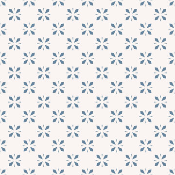 Seamless geometric pattern with minimalist floral design in blue and white color. Retro 1960s and 1970s inspired vector background, simple repeat texture. Modern ornament. Repeated design for decor