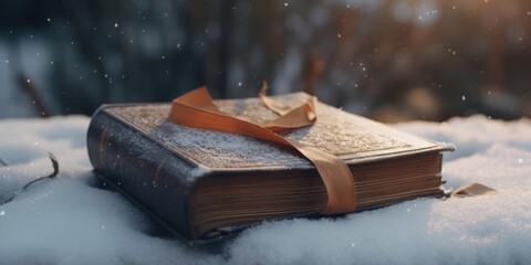 A Bible laying on the ground in the winter snow.