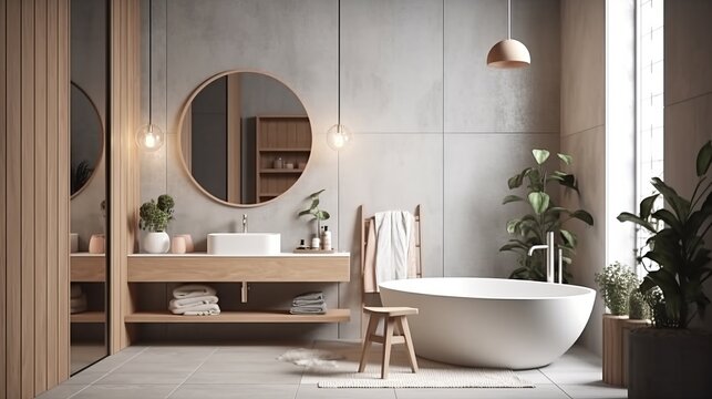 Poster mockup in cozy nomadic bathroom interior background, 3d render. Cozy nomadic bathroom interior. Decor concept. Real estate concept. Art concept. Bathroom concept. Stylist concept. 3d render - Powered by Adobe