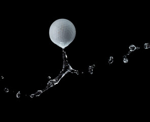 Golf ball hit water and splash in air. Golf ball fly in rain and splatter spin splash in droplet...