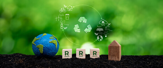 Eco friendly green business company commitment to RRR recycle reduce reuse practices for environmental sustainability with clean and sustainable recycled waste. Panorama Reliance - obrazy, fototapety, plakaty