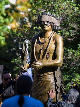 Photo of the new statue honoring Miwok leader William J. Franklin Sr. in Sacramento's Capitol Park in downtown Sacramento, California.. It takes the place of a Junipero Serra statue.