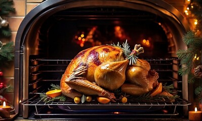 turkey cooking in an oven for Thanksgiving or Christmas festive created with generative ai	
